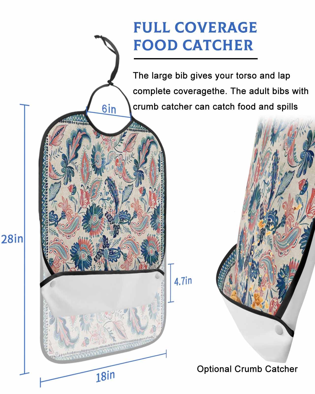 LEOKOTI Teal Blue Red Ethnic Adult Bibs for Eating, Waterproof Bibs with Food Catcher & Adjustable Snap Closure, Boho Modern Geometric Abstract Art Washable Clothing Protectors Adult Bibs for Elderly