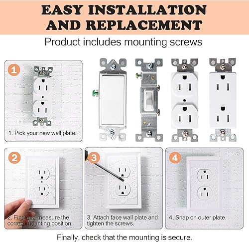Miniatura 5 de Cubiertas de toma de corriente de diseño en relieve de pétalo estilo clásico blanco moderno, placas de pared para receptáculo eléctrico dúplex