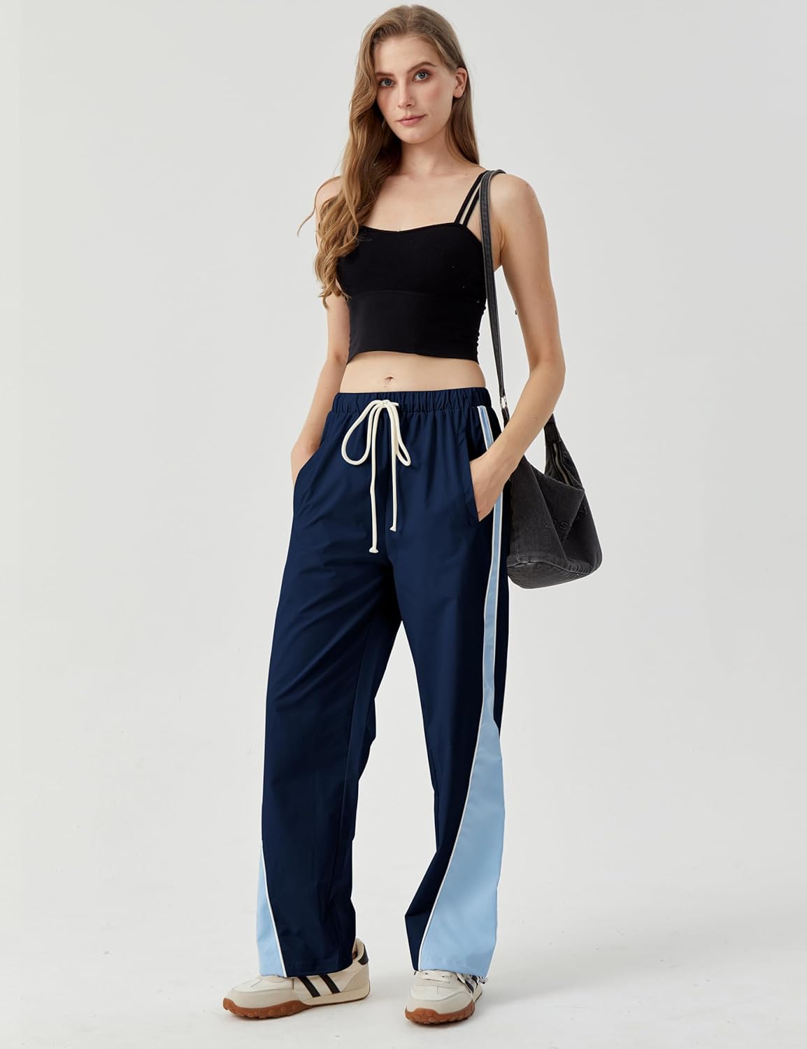 Womens Parachute Pants Color Block Wide Leg Baggy Trousers Y2K Elastic Waist Jogger Sweatpants Track Pants - Image 7