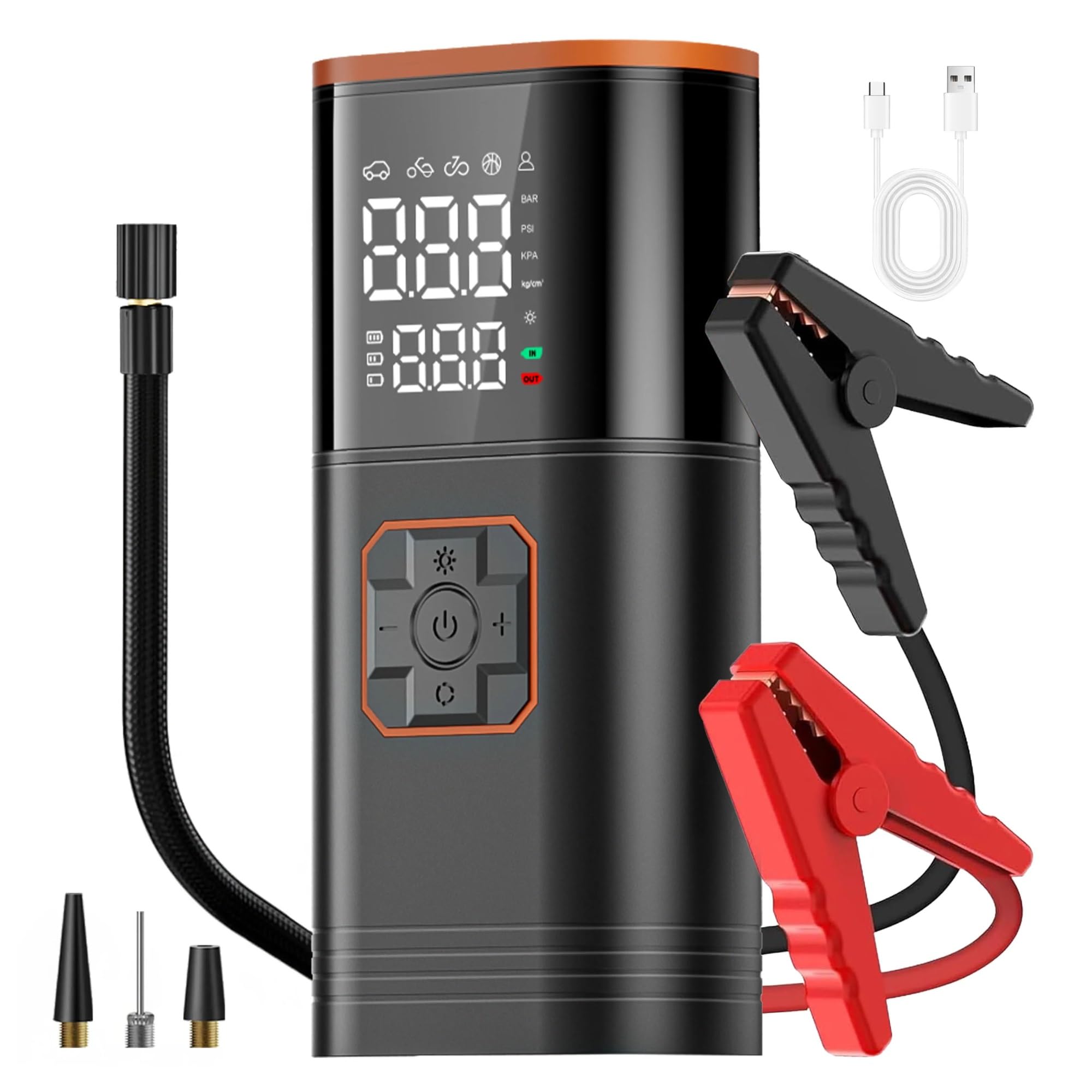 Compressore d'Aria Portatile per Pneumatici | Per auto, bici, , pneumatici, palline, display digitale, compressore d'aria ricaricabile tramite USB