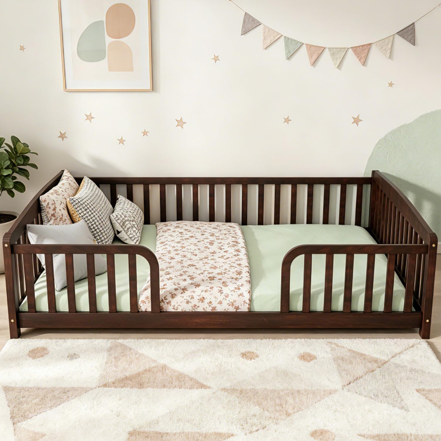 Bellemave Montessori Floor Bed Full with Central Entrance and Full Surrounding Guardrails, Low Pine Wood Full Size Floor Bed Frame for Kids, Girls, Boys, No Box Spring Needed, No Slats, Espresso
