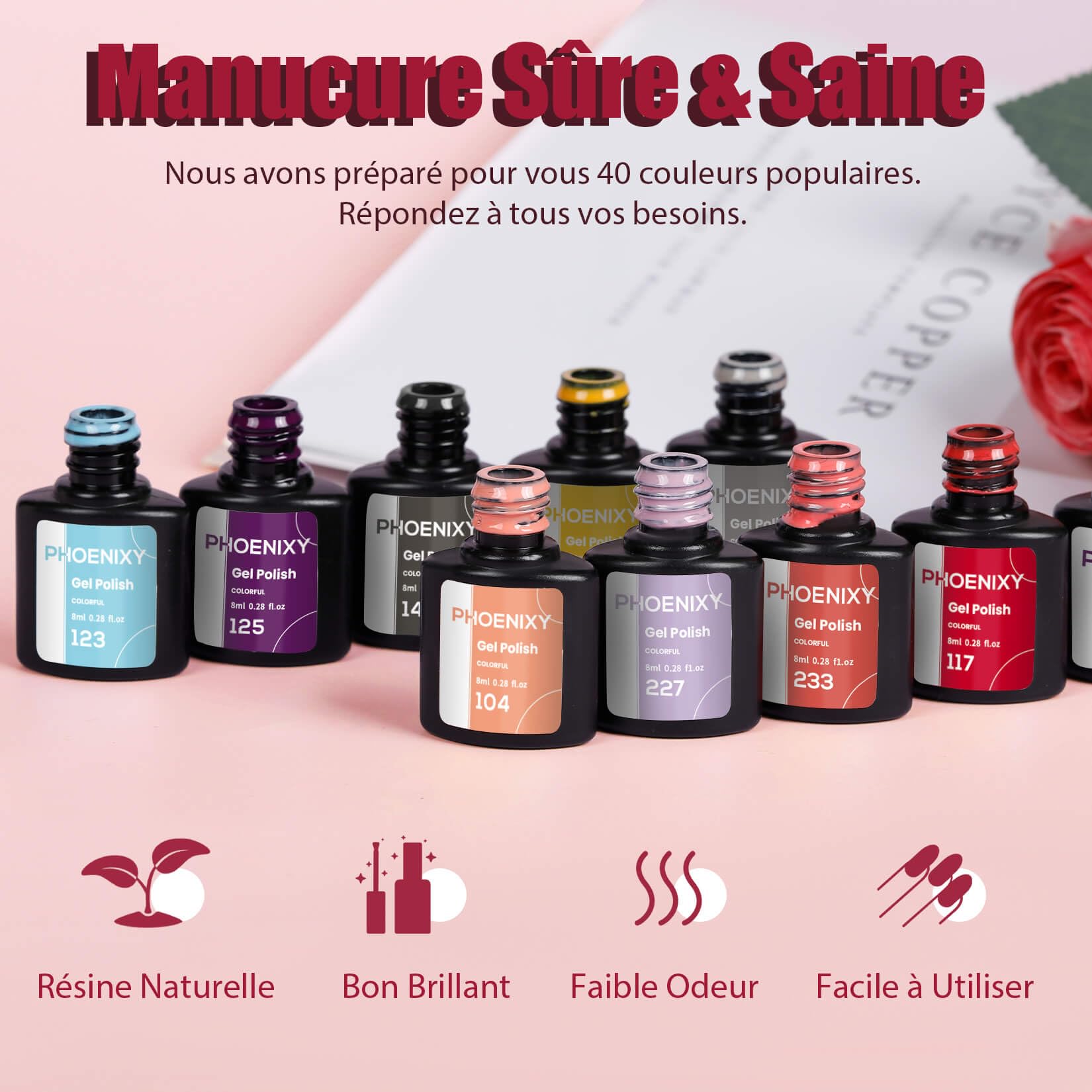 Phoenixy 40 Couleurs Kit Vernis Semi Permanent Complet avec 48W Lampe U V/LED Kit Ongle Gel U V Complet avec Base et Top Coat Vernis Semi Permanent pour Débutant DIY Nail Art