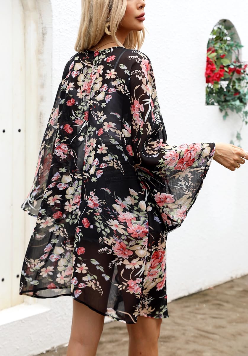 olrain Women Floral Print Bell Sleeve Kimono Cardigan Lightweight Open Front Cover Up Loungewear Cape for Summer - Image 5