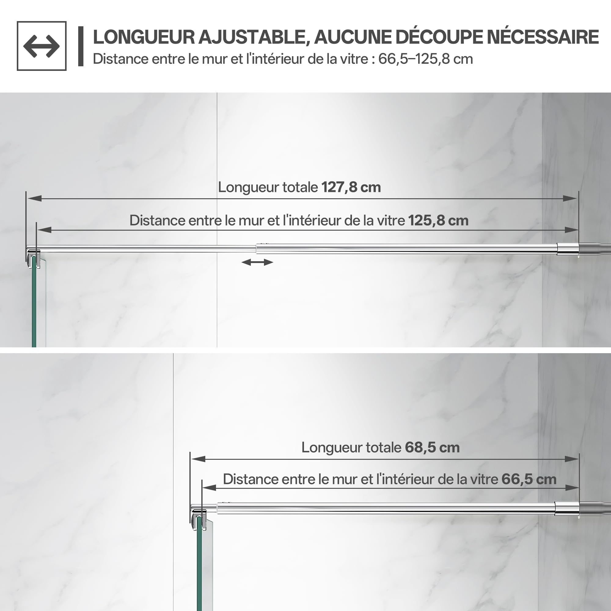 Barre de soutien murale télescopique pour paroi de douche, inox, réglable de 66,5 à 125,8 cm (du mur au bord intérieur du verre), compatible verre 6-10 mm, chromé