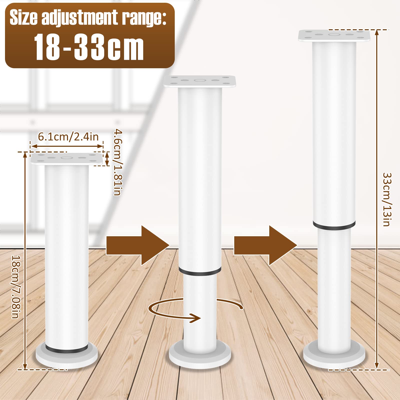 Jetcloud 4PCS Metal Adjustable Furniture Legs furniture support legs Table Leg 7.08-13inch Metal Furniture Support Feet Furniture Legs for Bed/Sofa/coffee/Cabinet/Couch/Dresser/Table (White) - Image 2
