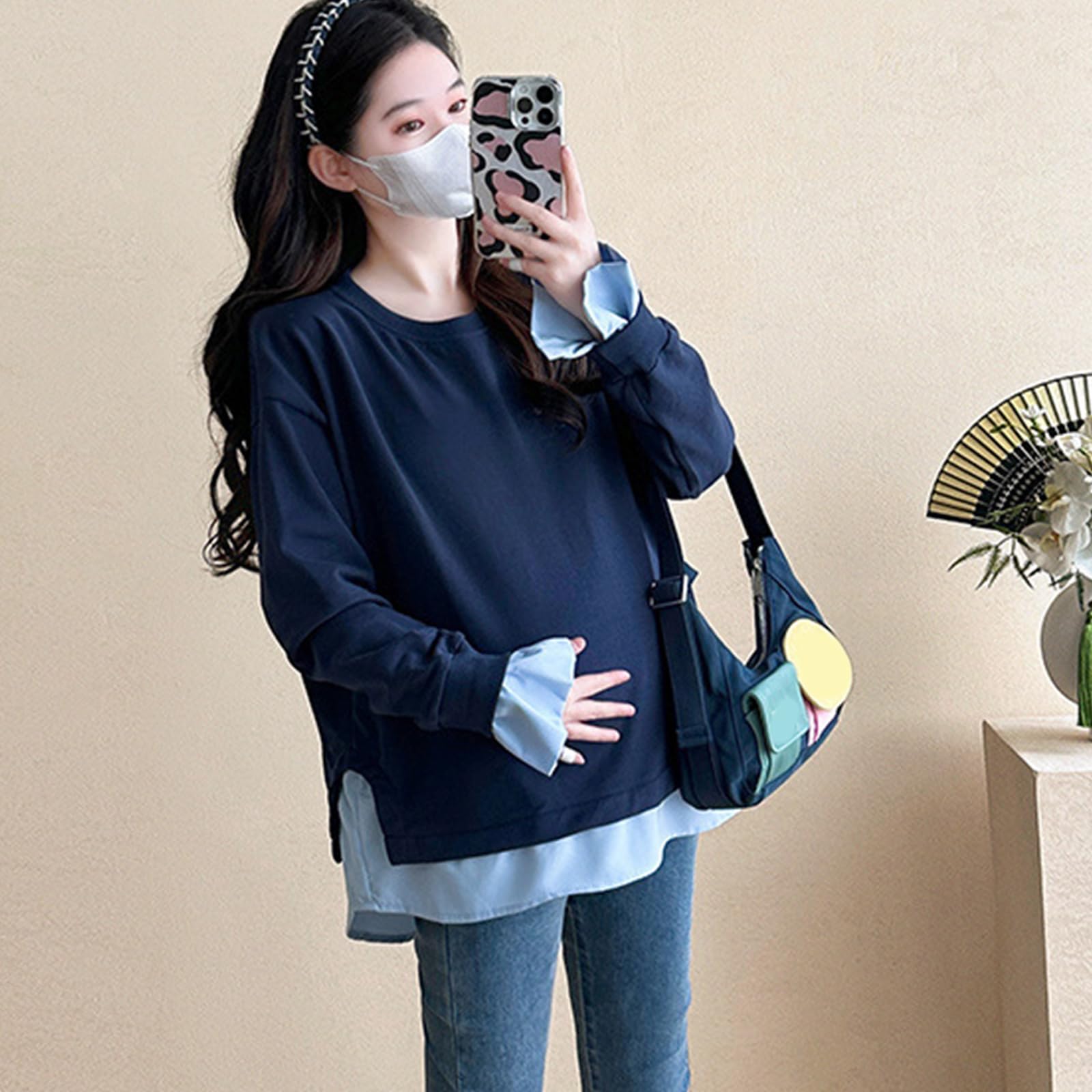Sudadera de maternidad de dos capas de algodón falso, relajada, casual, holgada, diseño de tela transpirable, sudadera de embarazo