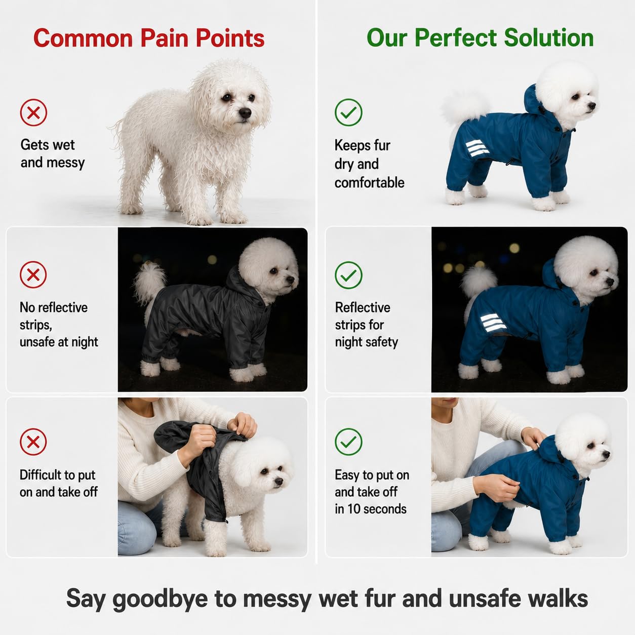 Manteau de pluie imperméable pour chiens de petite et moyenne taille avec capuche | Bandes réfléchissantes, facile à enfiler, accès à la laisse, plusieurs options de taille, tissu respirant à séchage rapide