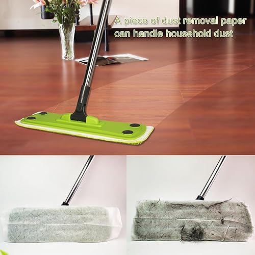 Miniatura 7 de Trapeador de microfibra con 5 papeles para polvo + 2 almohadillas lavables, limpieza de suelos multisuperficie para húmedo, seco y polvo, mango