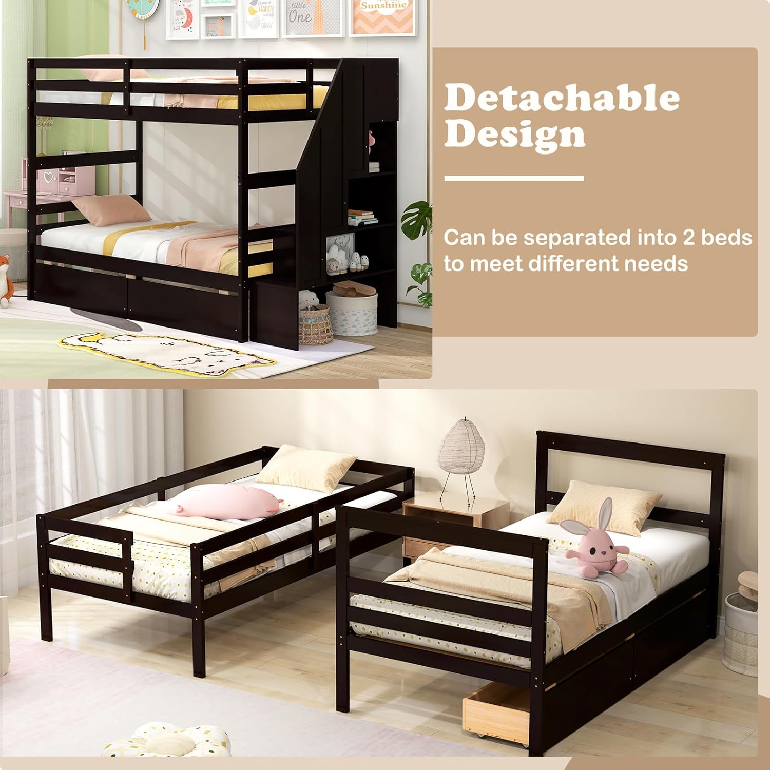 Close-up view of the KOTEK bunk bed's practical storage staircase, showing 4-step stairs with handrails and 4-tier storage shelves.