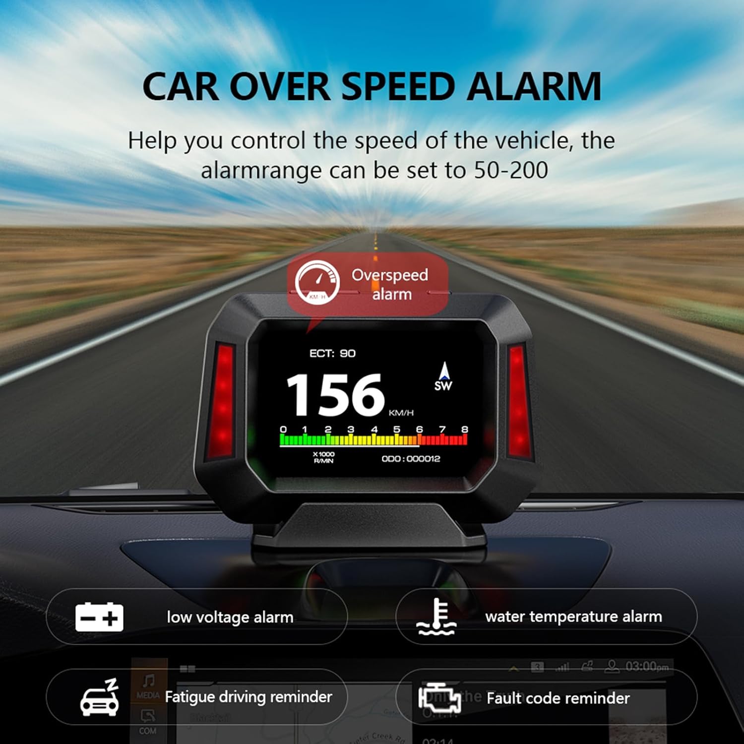P21 Car HUD Head Up Display Speedometer,Slope Meter,Dual System,Inclinometer Gradient,RPM,Fuel Consumption,Overspeed Alarm,Voltage,Water Temp for Vehicles After 2008