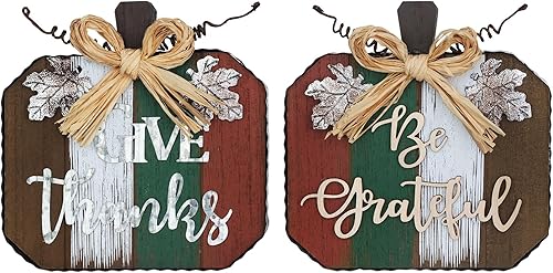 Decoraciones de Acción de Gracias para interiores, DECSPAS 2 unidades de madera de 4 colores calabaza decoración de mesa de Acción de Gracias, hoja