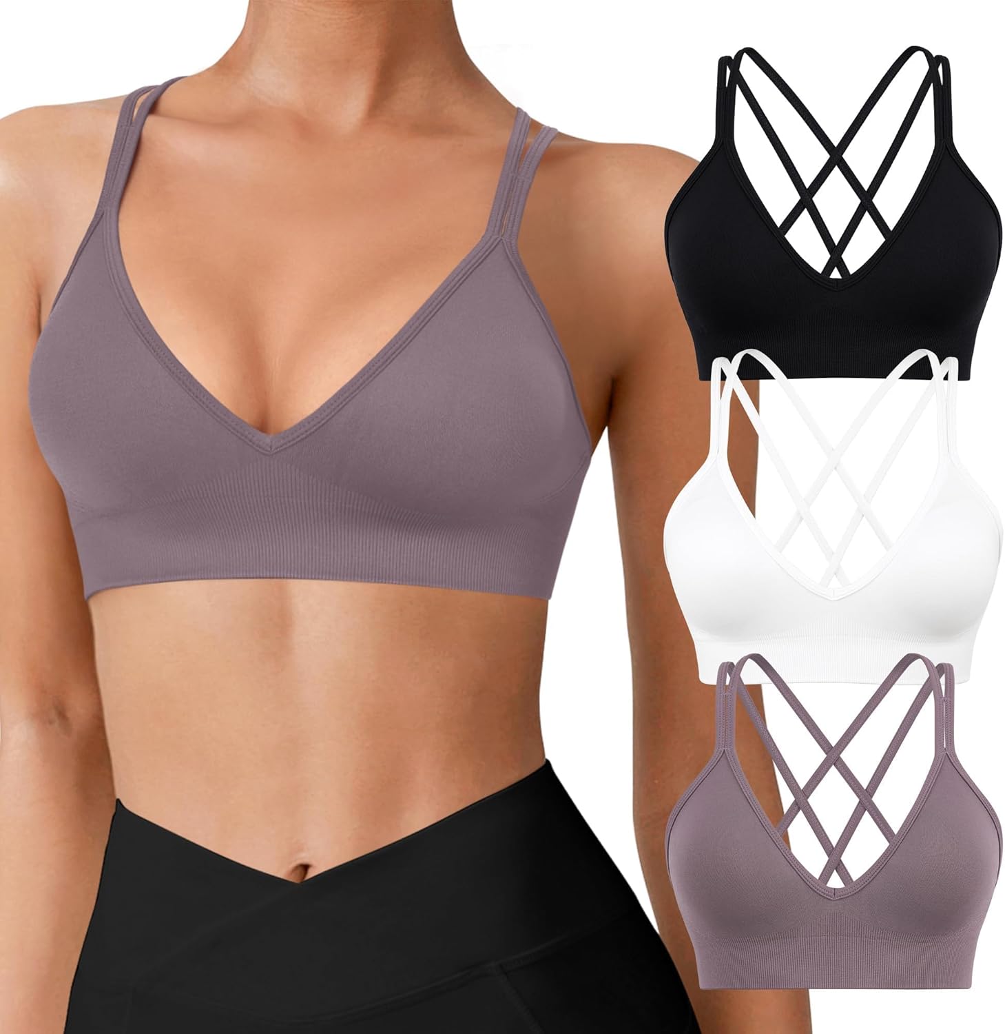VEQING Seamless V-Neck Women Sports Bras, Padded Cross Back Wireless Low Impact Workout Yoga Bras for Small Chests, 3 Pack