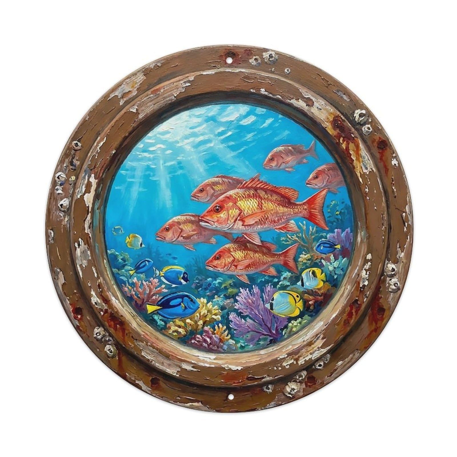 Vintage Porthole Snapper Ship Window Undersea Deep Sea Metal Tin Sign