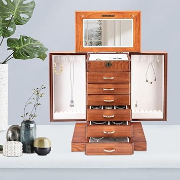Wooden Jewelry Box for Women,7-Layer Jewelry Organizer,Wood Organizer with Combo Lock for Jewelries, Necklaces, Rings, Vintage Style Storage Box with Mirror Walnut, 7-Layer