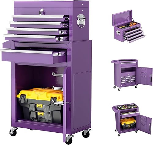 Miniatura 18 de Crownland Caja de herramientas con ruedas de 8 cajones con ruedas, armario de herramientas desmontable 2 en 1 con cerradura con cajones y Negro