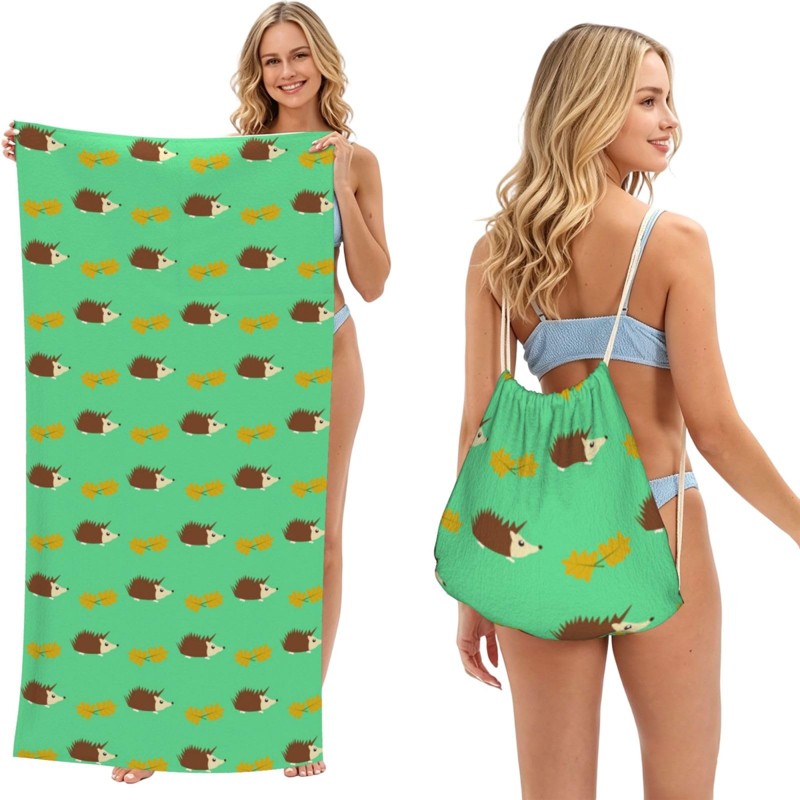 Poadnly As Picture Hedgehogs & Leaves, 2 In 1 Packable Towel Bag, Beach Towels With Drawstring Backpack For Travel Holiday Camping