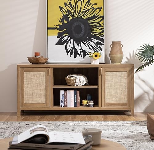 Miniatura 10 de SICOTAS Soporte de TV de ratán para sala de estar, mueble consola de TV de madera de 26 pulgadas de alto con almacenamiento y estante ajustable,