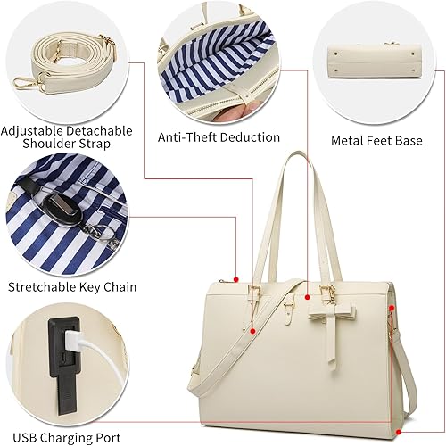 Miniatura 5 de Keyli Juego de 4 bolsas para laptop para mujer, maletín grande de cuero para laptop con puerto de carga USB, bolso de hombro para computadora