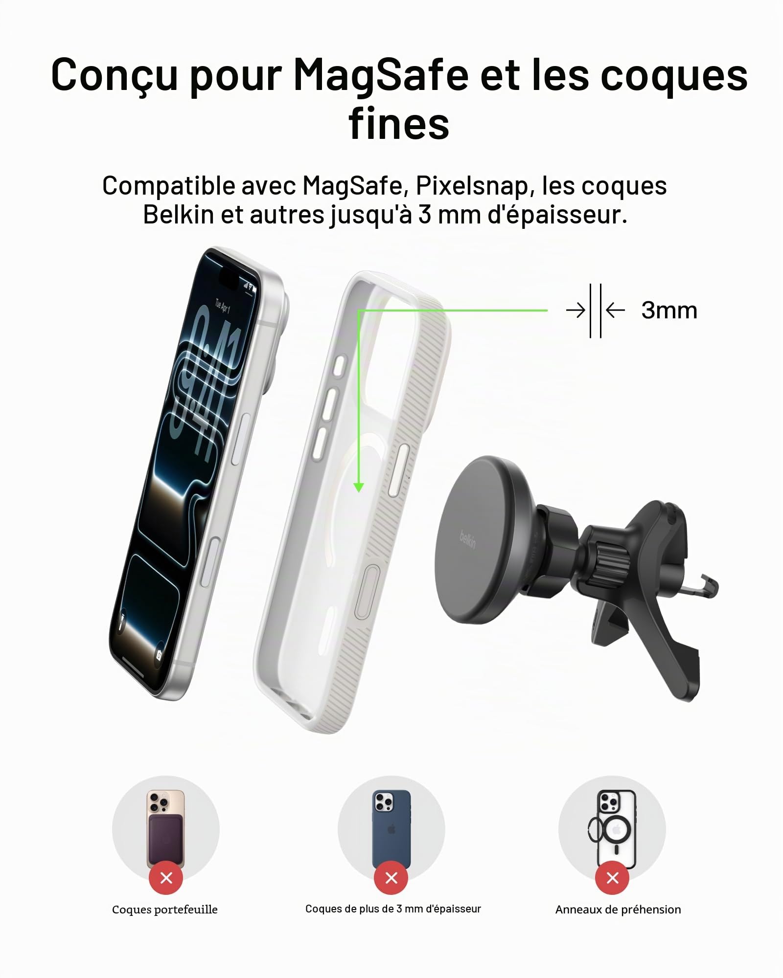 Belkin Chargeur de Voiture sans Fil, Support d'aération de Voiture magnétique avec câble USB C 1M, Chargeur Rapide Compatible MagSafe Qi2 pour iPhone 17, Galaxy S25, Pixel 10 et Plus - Accessoires de