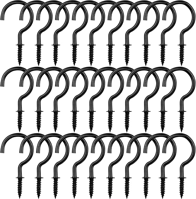 30pcs Screw-in Hook Metal Screw Hook Cup Hook Screw Hook for Indoor Outdoor Wall Hanging Plant Christmas Light Ceiling Hook(Black 1 inch)