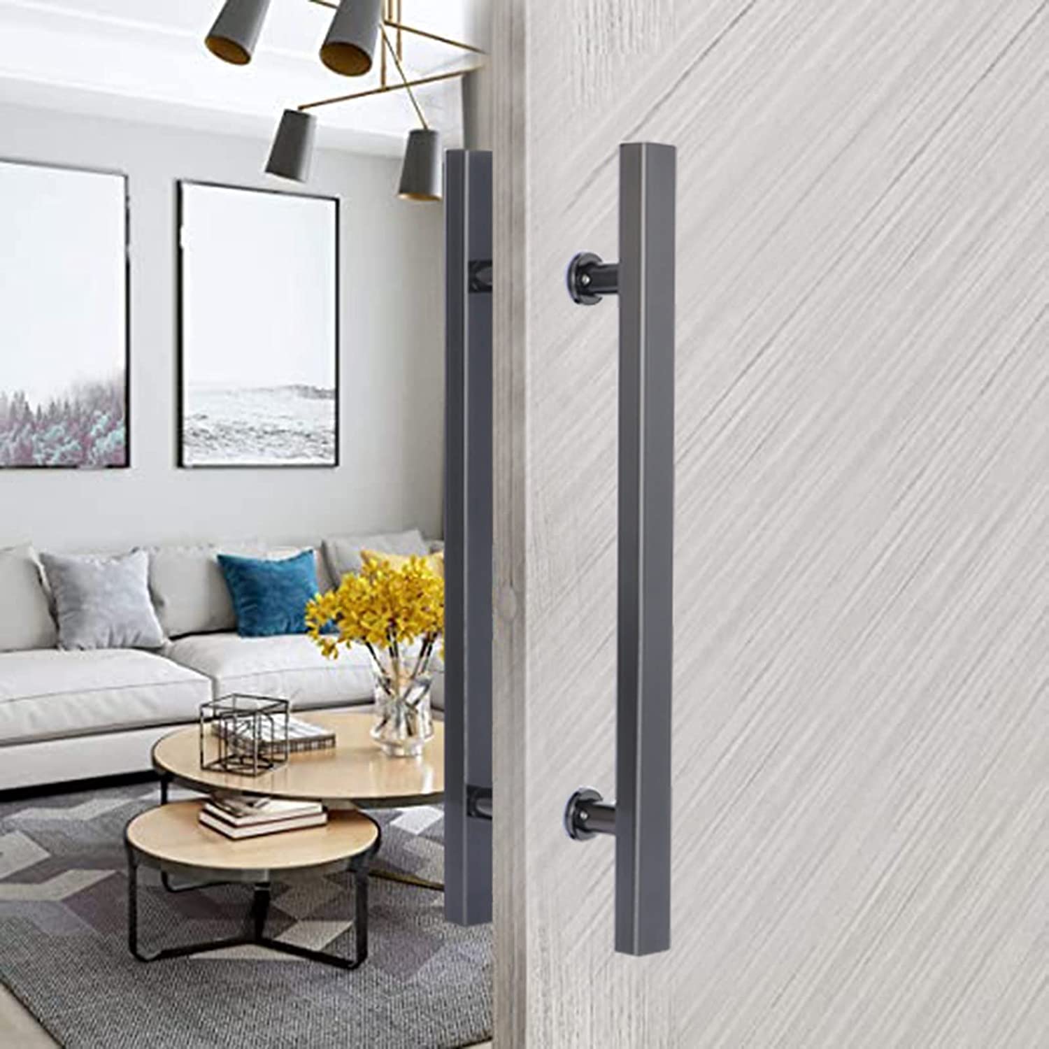 DFGHNBVC Modern Gold Push Pull Door Handle, Industrial Square Steel Sliding Barn Handle For Outdoor/Garage/Room, H-Ladder Design With Fittings, Durable And Stylish.,Gray-Length 60Cm/23.6Inch