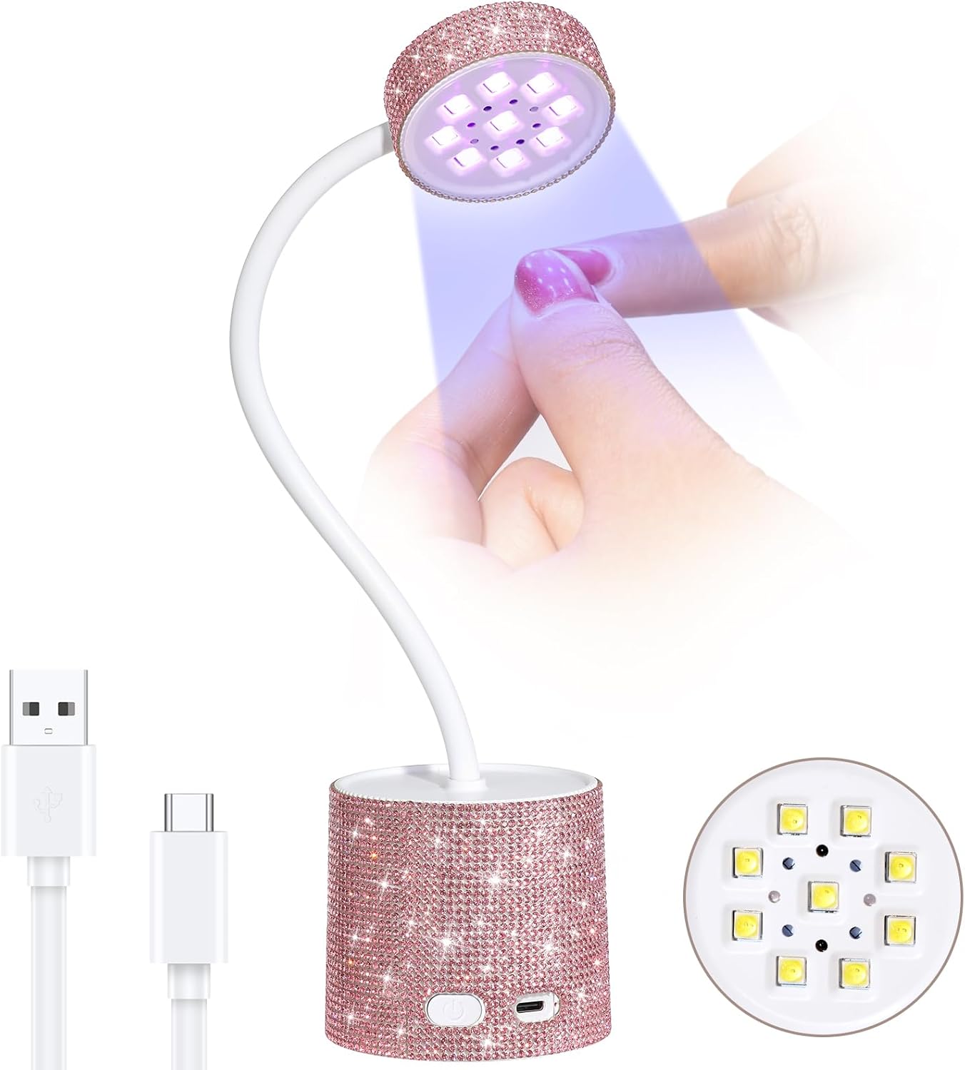 UV LED Nail Lamp, Mini UV Light for Gel Nails Polish, Rechargeable LED Flash Cure Nail Dryer, Quick Drying Goosenecks UV Nail Lamp for Home Nail Salon DIY Manicure, Pink Diamond