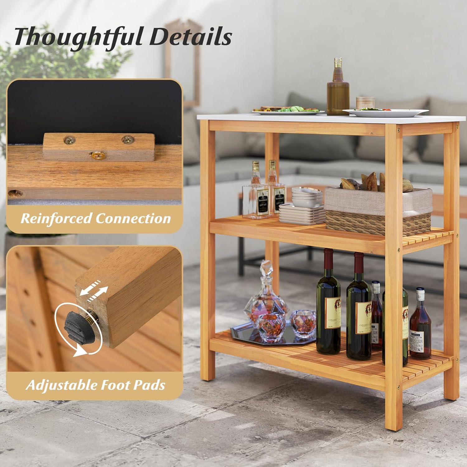 Goplus Patio Wooden Sideboard, 3-Tier Acacia Outdoor Kitchen Buffet Organizer w/Marble-Like Countertop & 2 Slatted Shelves, Garden Potting Bench Table & Plant Stand for Backyard, Garden, Deck