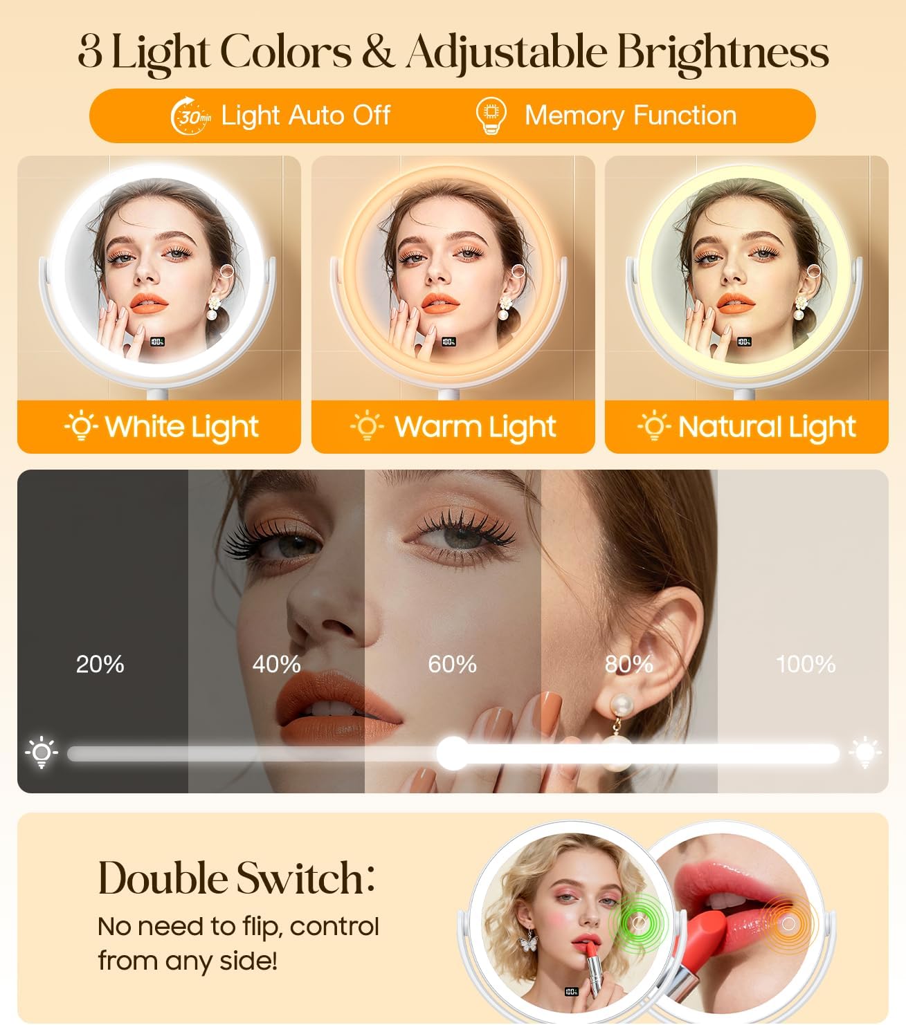 Gospire No Drilling Wall Mounted Lighted Makeup Mirror with Magnification 10X, 7 Inch Rechargeable Magnifying Vanity Mirror with Hooks, LED Display & 3 Light Modes for Bathroom