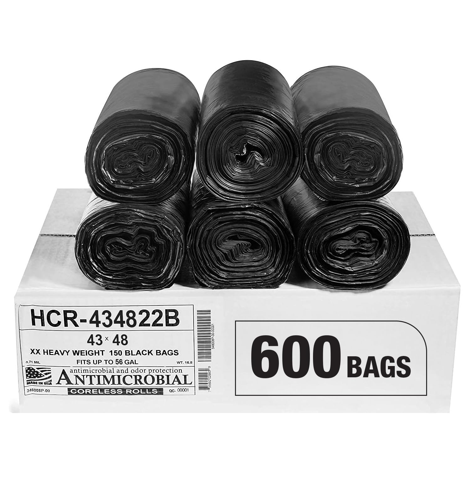 Aluf Plastics 56 Gallon 22 Micron (eq) Black Trash Bags 43" x 48" 600 Count