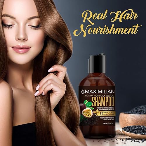 Miniatura 5 de Maximilian Juego de champú y acondicionador para cabello rizado con aceite de semilla negra de maracuyá, extra voluminizante, fortalecimiento,