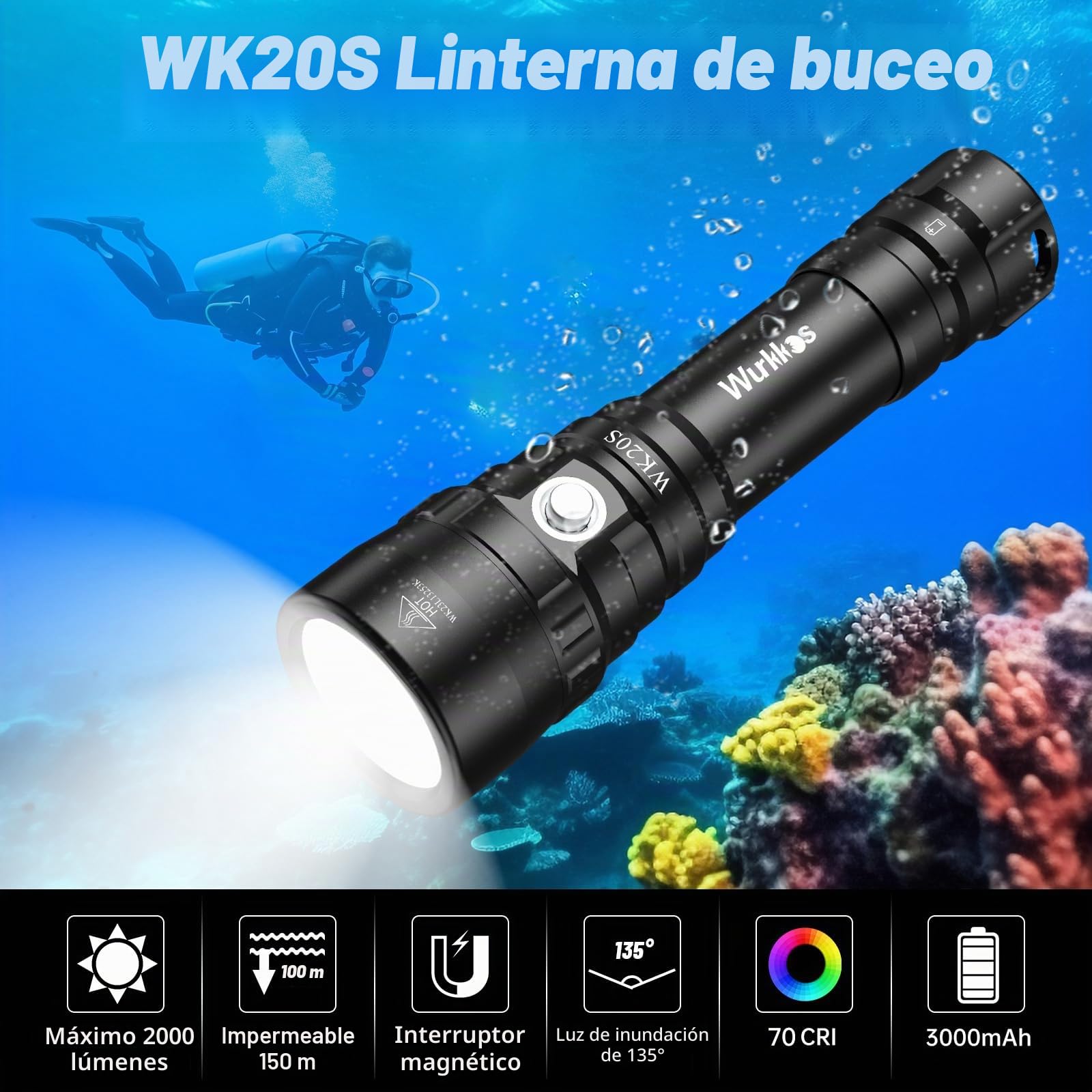 Wurkkos Linterna de Buceo,Potente luz de Buceo Recargable con SST40 de 2000 lumenes de Potencia, Sumergible hasta 100 Metros a Prueba de Agua,Impermeable IPX-8,Linterna Sumergible LED