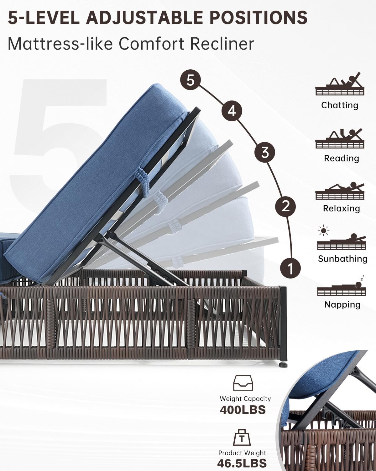 Luxury Outdoor Chaise Lounge Chairs of 4 with 5 Inch Thick Cushions and Side Table - 6 PCS High Back Brown Wicker Patio Recliners Lounger Furniture Set for Poolside Sunbathing - Navy Blue
