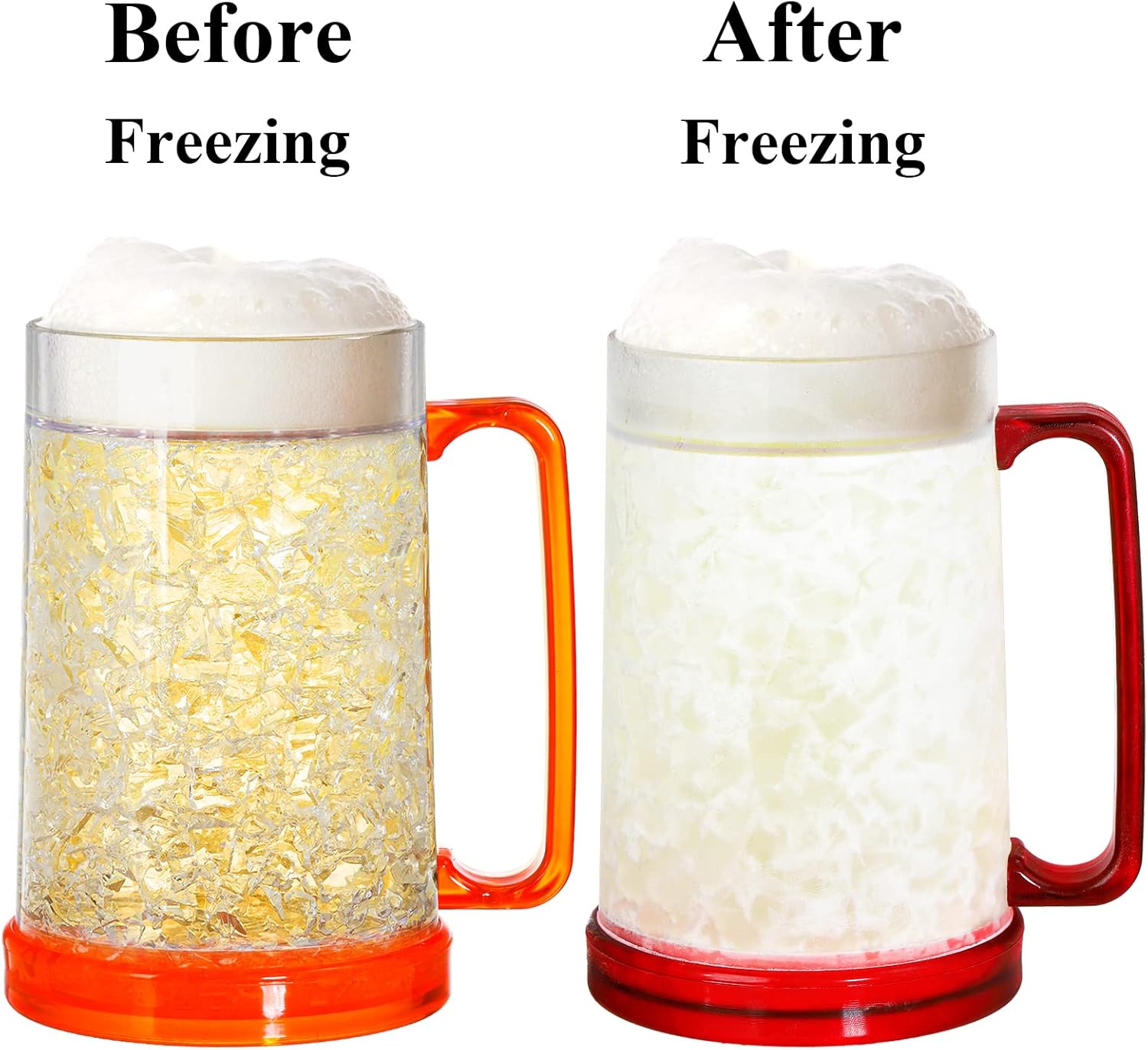 Fasmov Freezer Beer Mugs, 4 Pack Double Wall Gel Frosty Freezer Ice Mugs, Plastic Beer Mugs With Handles for Parties and Gifts, 16oz (Blue, Red, Orange and Green) - Image 3