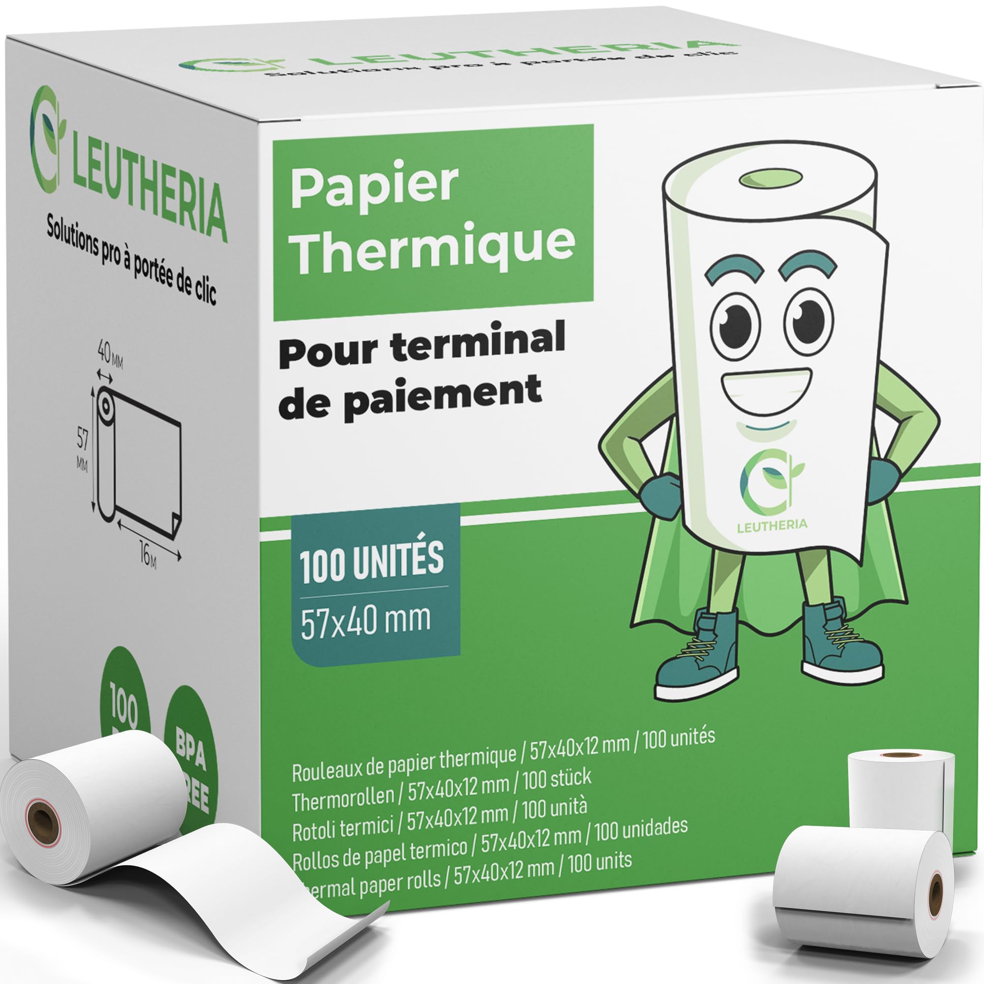 Bobine de papier thermique 57x40x12mm 15M sans BPA pour carte bleue ticket de caisse