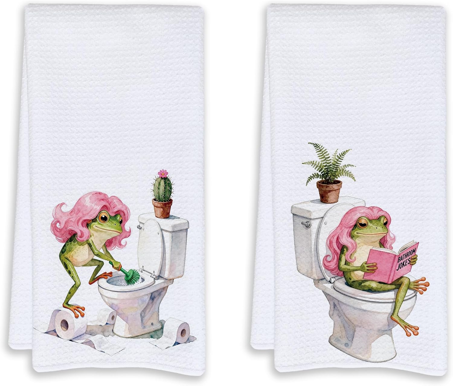 Funny Frog Bathroom Hand Towels, Frog Bathroom Decor Gifts, Quirky Frogs on Toilet Hand Towels for Girls Bath Room Washroom Restroom Decor, 16x24 Inch Set of 2