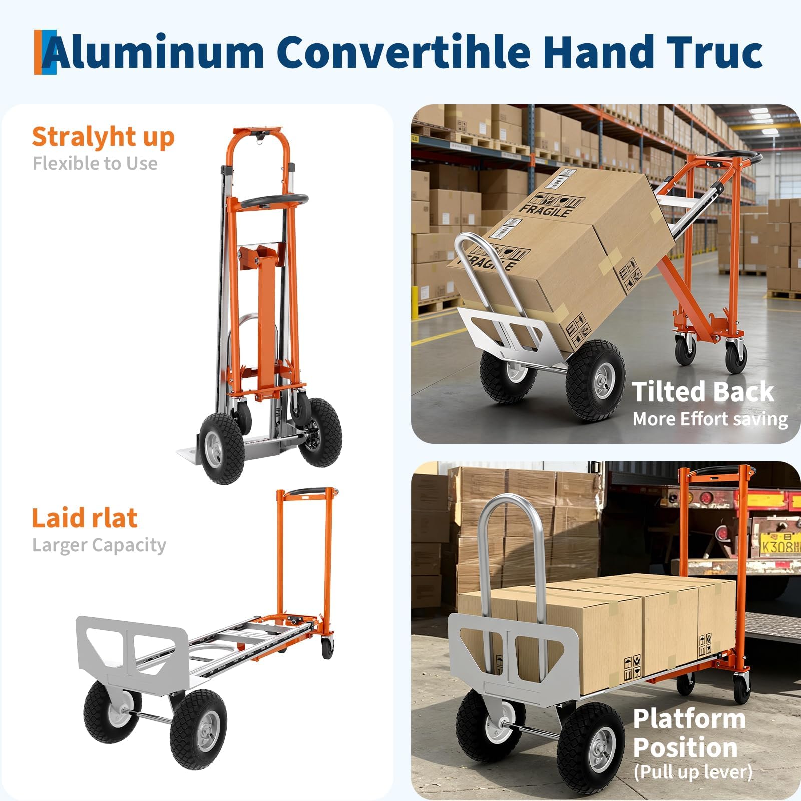 4-in-1 Schwerlast-Plattformwagen aus Aluminium – 1000 kg Tragkraft – Klappbar & vielseitig – Ideal für Haushalt, Lager, Büro, Logistik – Mit Rollen – Farbe: Orange