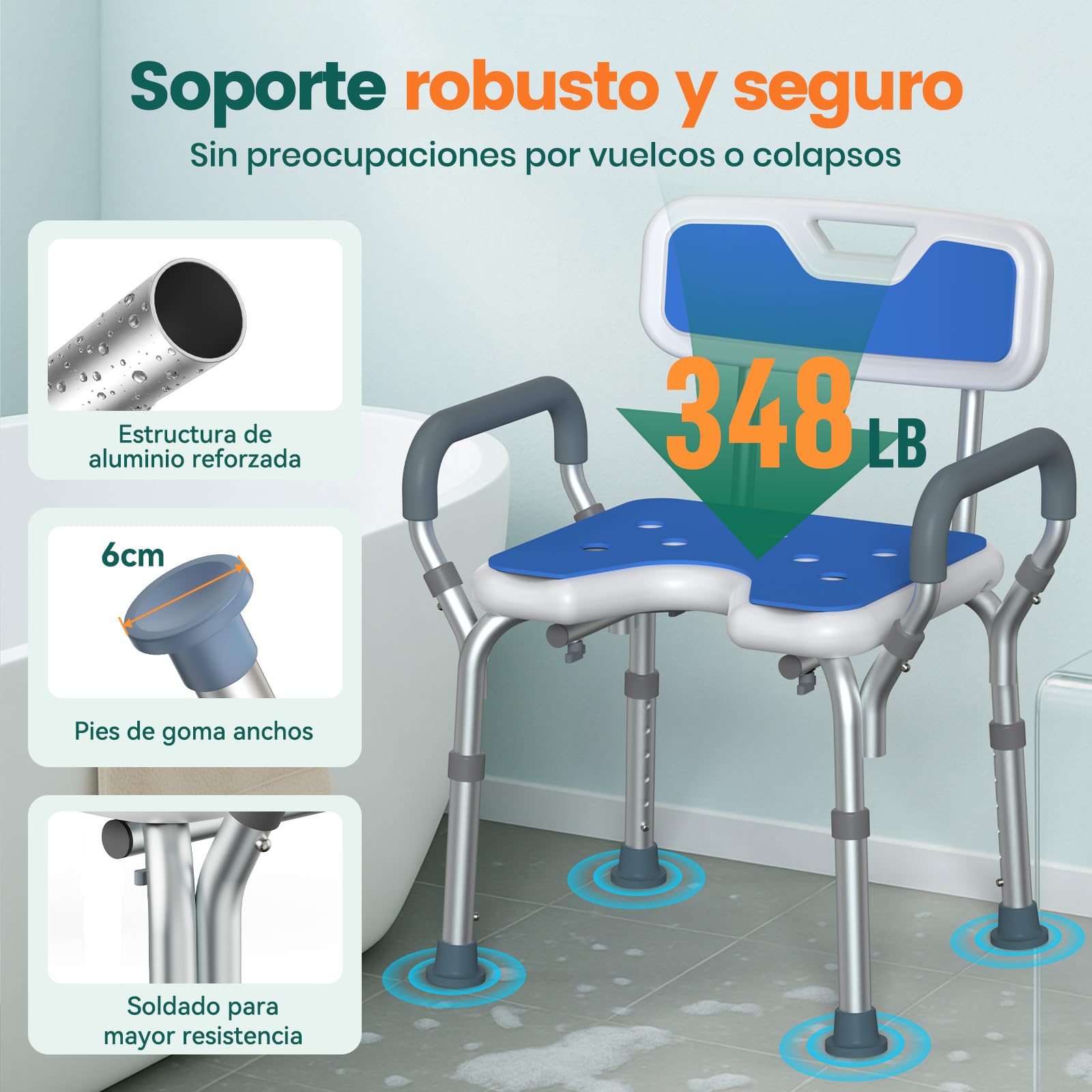 Silla de Ducha Ajustable con Reposabrazos – Asiento de Ducha Antideslizante en U con Respaldo y Reposabrazos Acolchados, Taburete de Baño Ligero para Personas Mayores y con Discapacidad