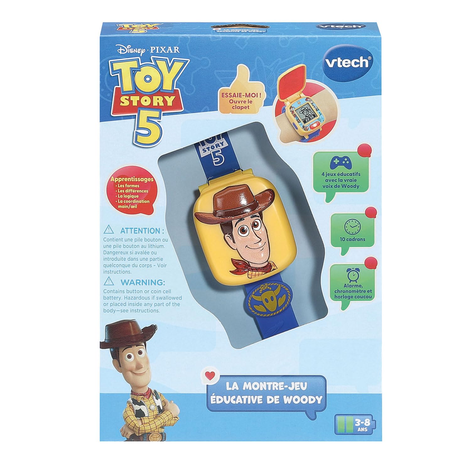 VTech - Toy Story 5, L'orologio da Gioco educativo di Woody - Orologio Toy Story con Schermo Animato, Cinturino Regolabile, 10 quadranti, 4 Giochi - Sceriffo Woody Parlant - Regalo per Bambini dai 3