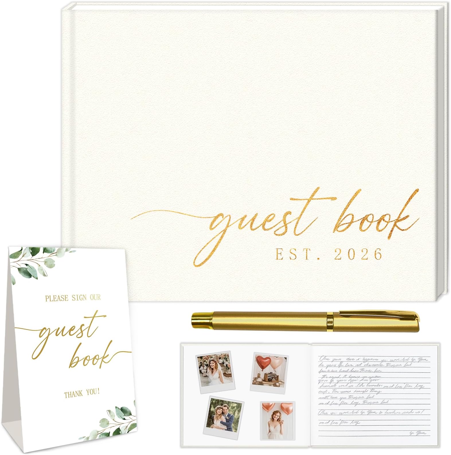 Wedding Guest Book with Personalized 2026 Year - Elegant GuestBook Includes Pen, Sign & Photo Corners for Wedding,Baby Shower Guests to Sign-112 Pages Blank and Lined(White-2026)