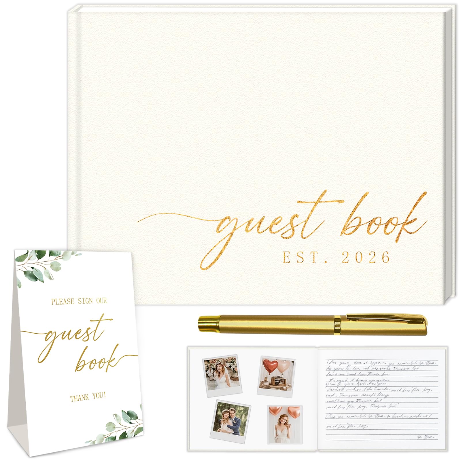 Wedding Guest Book, Leather 2026 Personalised Polaroid Guests Book for Sign 23x18cm 112 Page Lined & Blank Bridal Shower Party Includes Signature Card Signing Pen & Photo Corners