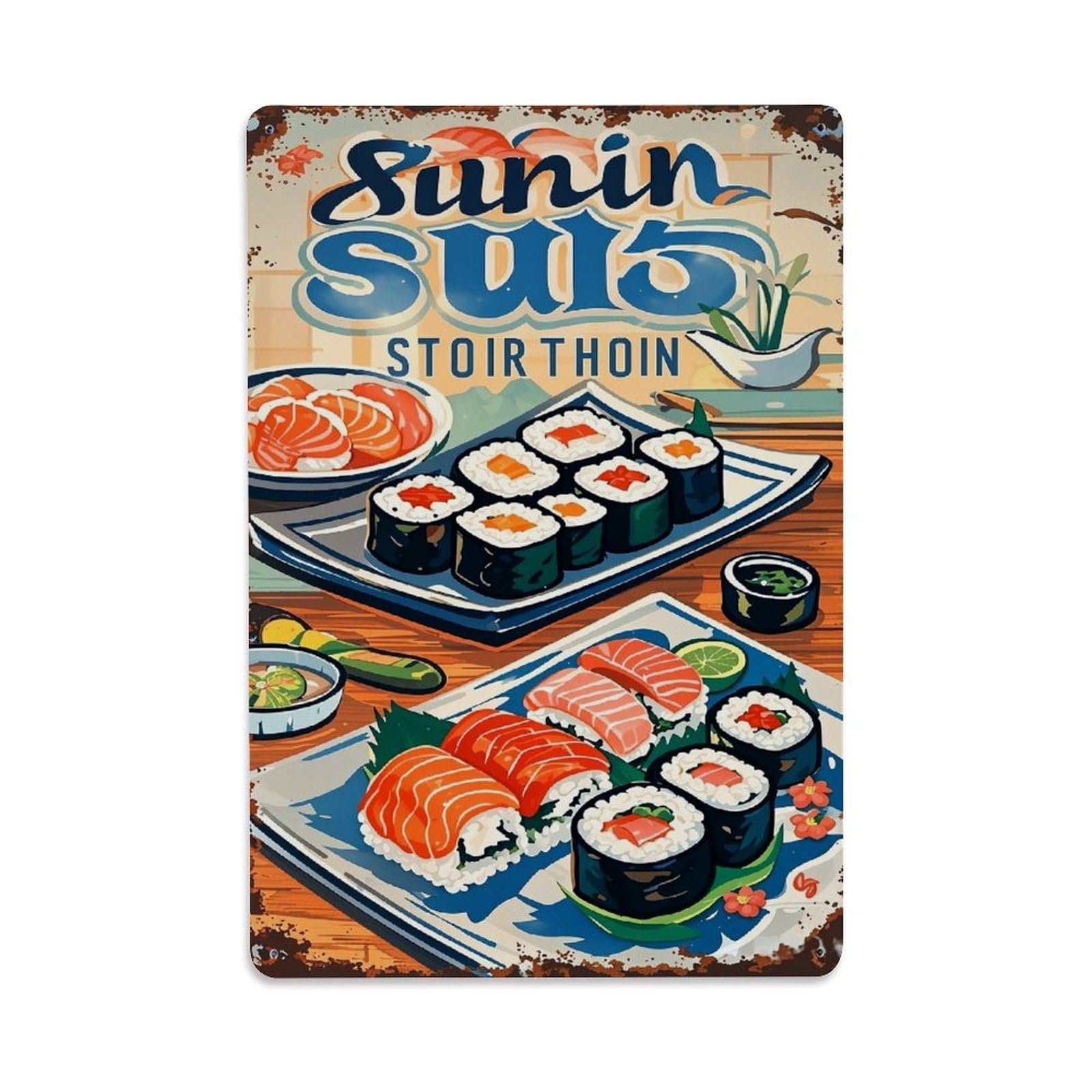 Jdfenggu Vintage Sushi Platter With Salmon Rolls Retro Metal Tin Sign, Metal Poster For Bar, Home, Man Cave, Kitchen, Laundry Room Art Decor 8X12 Inch