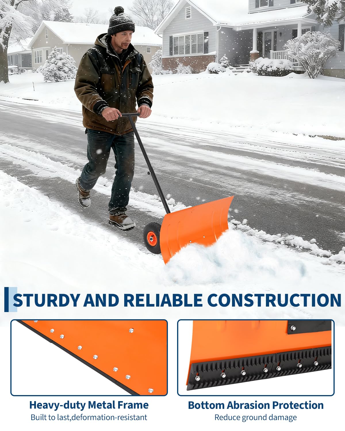 Garvee Pala de Nieve con Ruedas de Acero de un Solo Poste, Quitanieves Manual con Tira de Goma, Empujador de Nieve de Metal Ajustable con Neumáticos de Caucho para Limpieza Exterior, Naranja