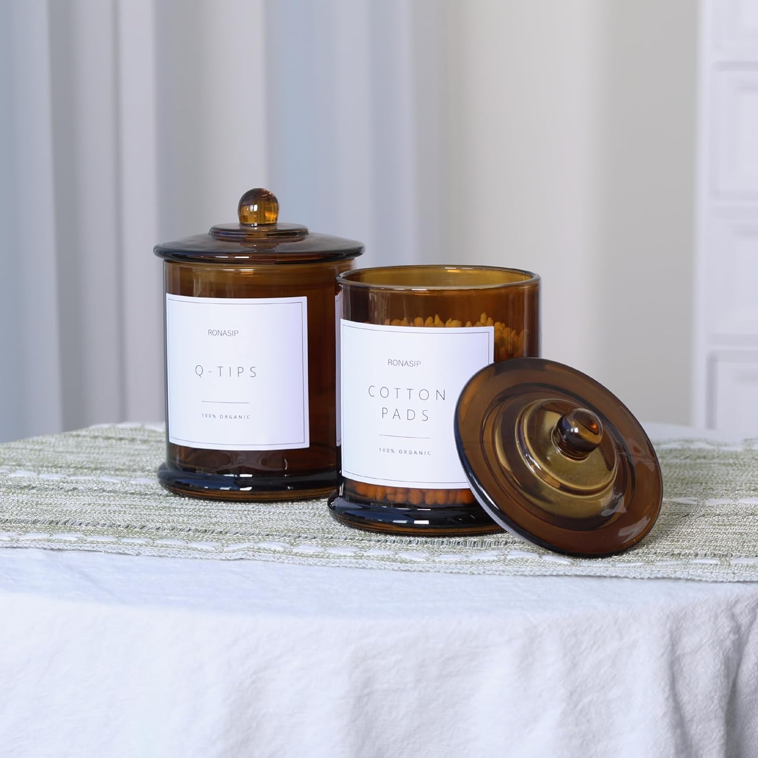 Qtip Holder & Cotton Pad Dispenser, Bathroom Organizer and Storage Canisters, 16oz Glass Apothecary Jars for Kitchen, Restroom - Home Decor Accessories, Room Decor Aesthetic (2 Pack, Amber) - Image 2