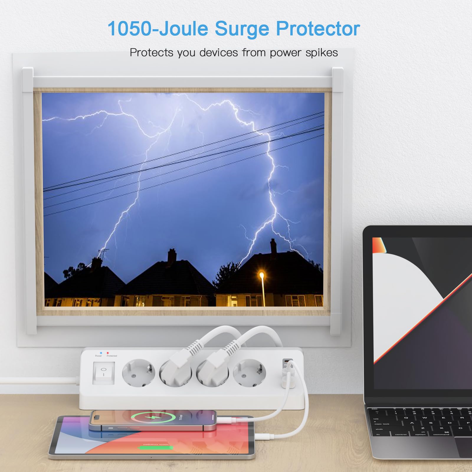 SUDEERY – Listwa z 4 gniazdami z USB C (PD 20 W), listwa zasilająca z 4 gniazdami z USB i przełącznikiem, ochrona przeciwprzepięciowa z kablem 2 m, do kuchni (biała)