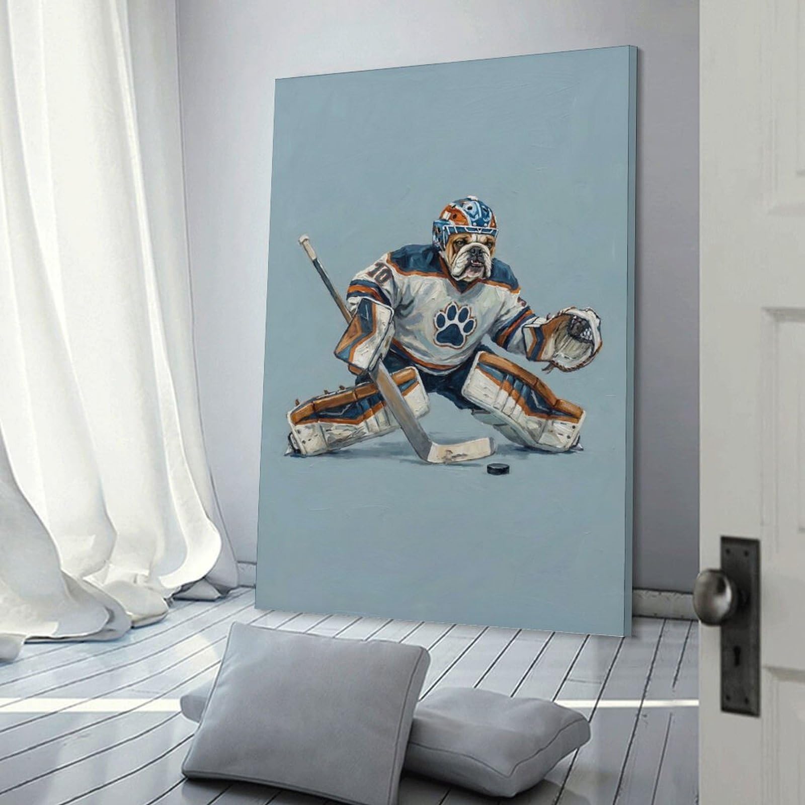 Junmoney Bulldog Hockey Goalie Painting Home Decor Wall Art 16x24inch(40x60cm), for Home, Office, Studio Or Guest Room, Canvas Wall Art That Fits Changing Layouts
