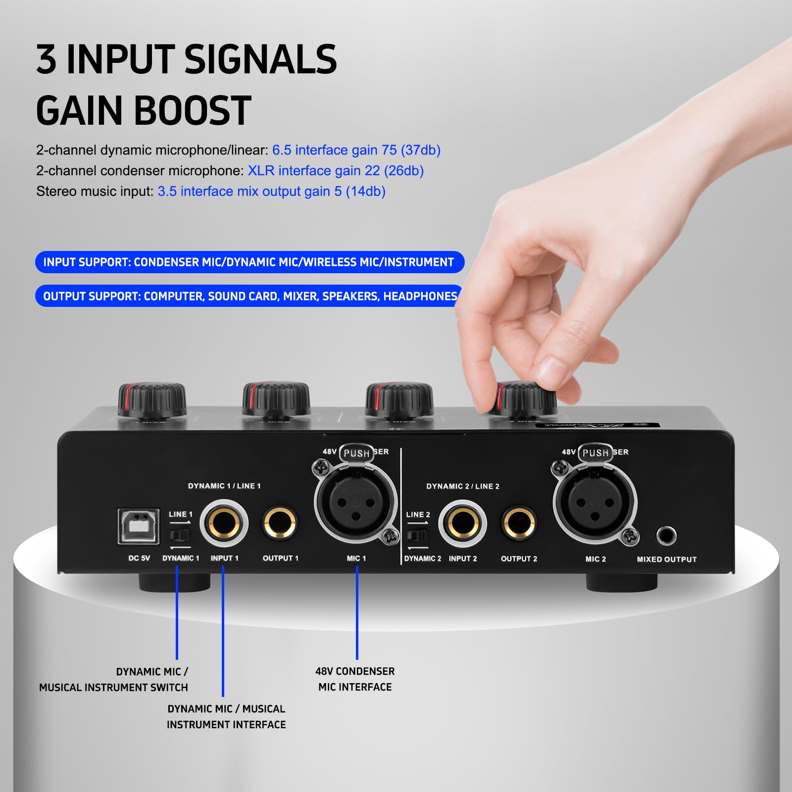 Preamplificatore microfono Booster 4 ingressi Max 25db DI Box con alimentazione phantom 48V per microfono dinamico e a condensatore (MC02)