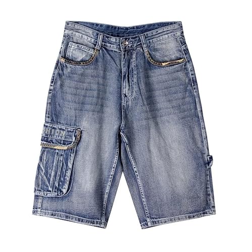 Cfsncm Mens Plus Size Loose Baggy Denim Short Men Jeans Streetwear Hip Hop Long Cargo Shorts Pocket Male Blue (Color : A, Size : 34) #TOP4