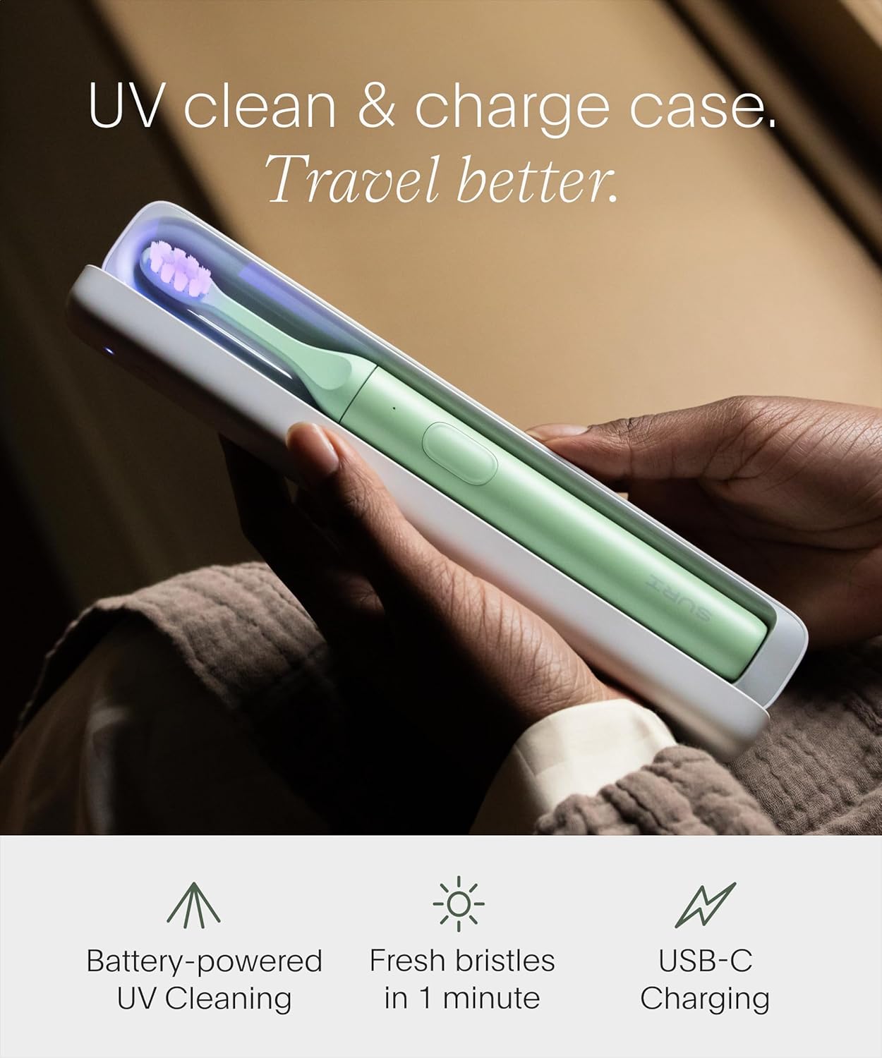 SURI 2.0 New Sonic Electric Toothbrush with Pressure Sensor & UV-Cleaning Travel Case | 1 Month+ Battery | Electric Toothbrush for Adults | Travel Toothbrushes | Tooth Brush | Green - Image 4