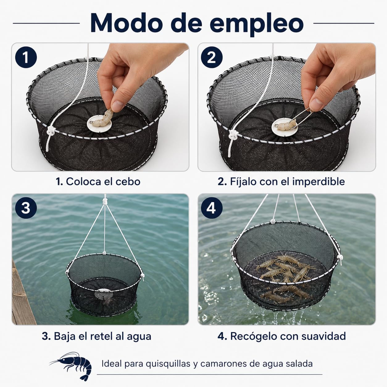Pack 4 Reteles para Quisquillas y Camarones de Agua Salada | Doble Aro Metálico de 40 cm con Lastre e Imperdible malla 4 mm Agua Salada