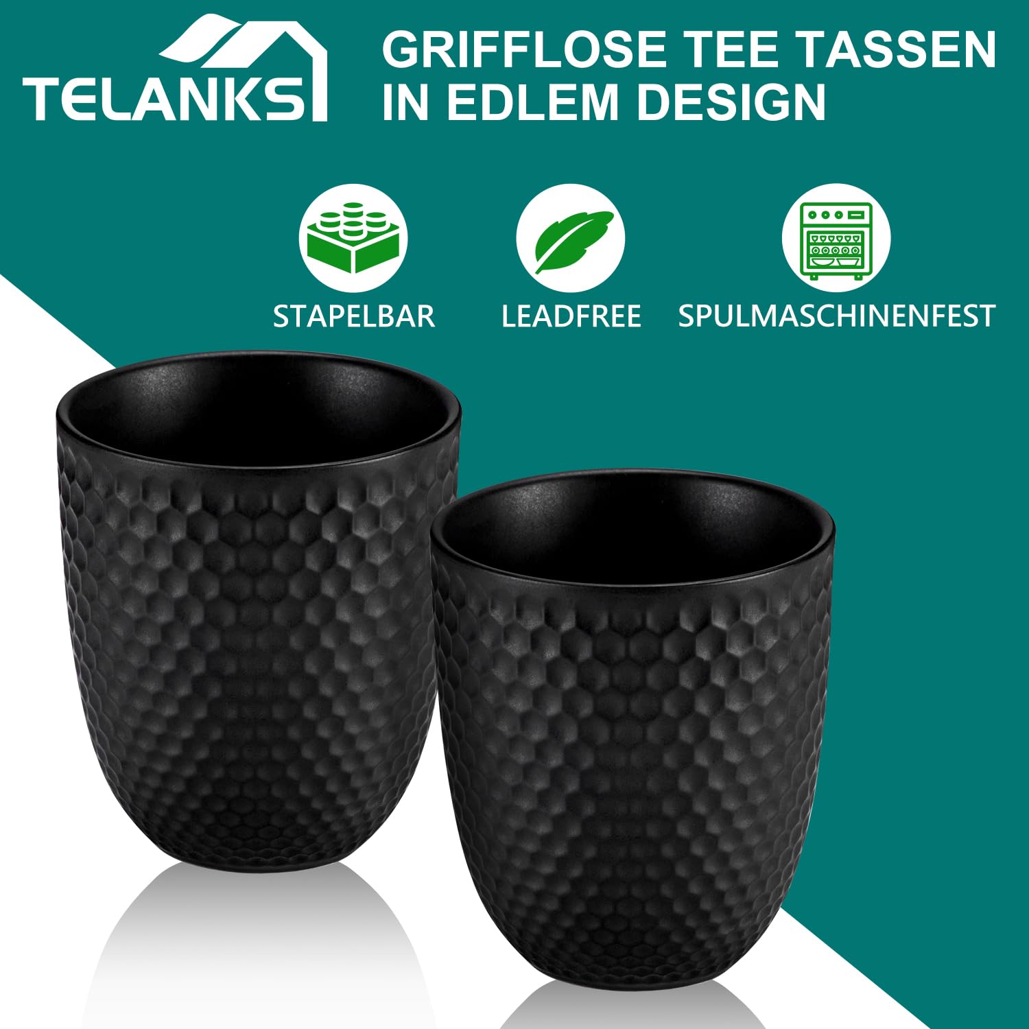 Japanische Teetasse Keramik, Tee Tassen Schwarz, Chinesische Teetassen Set Buddhistische Herz Sutra Muster Keramik Tasse ohne Henkel (180ml*4)